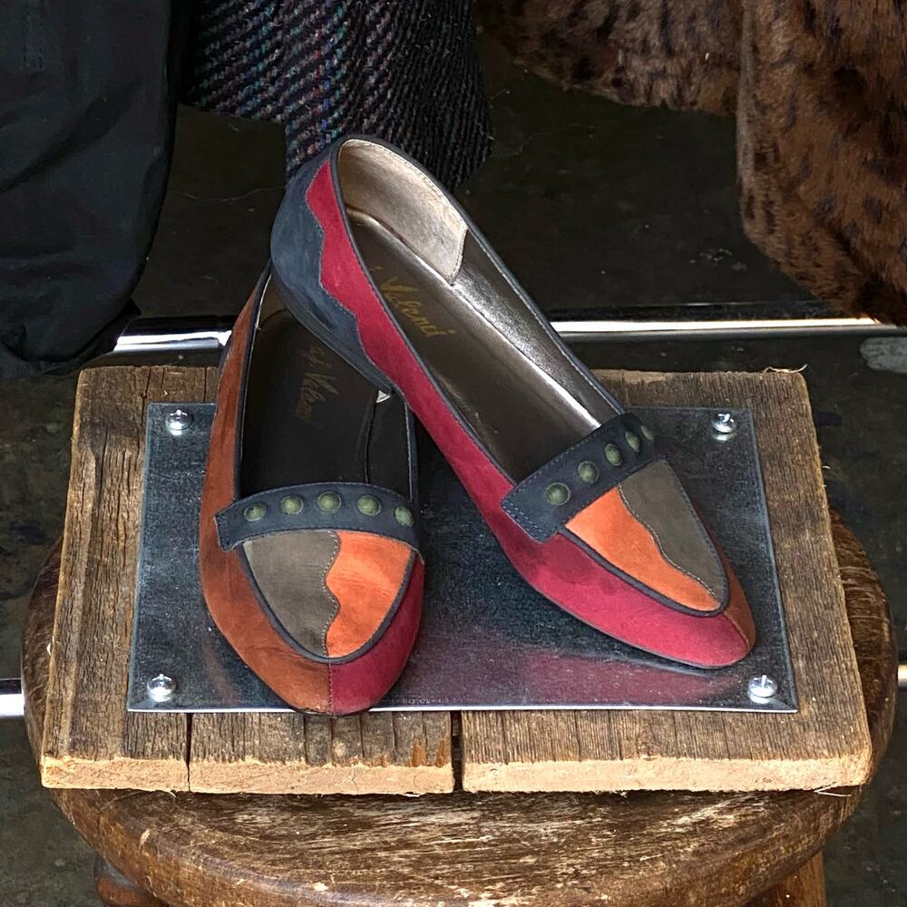 80s 90s Multi-Color 100% Suede Leather Geometric Loafers Flats